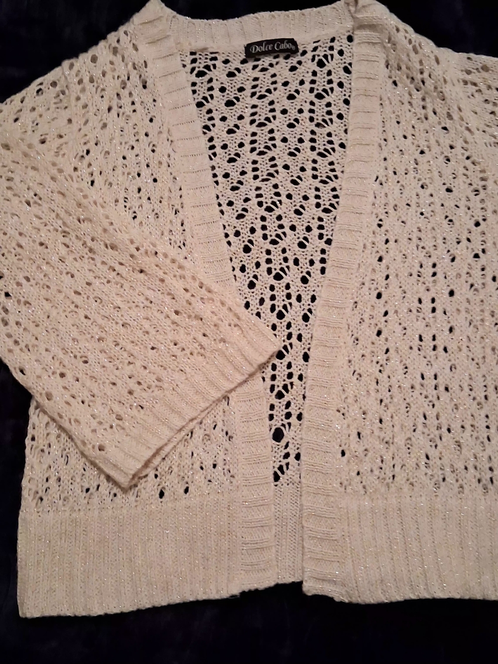 Dolce Cabo Openwork Knit Cardigan Shrug Coverup '90's Y2K Subtle Shimmer M